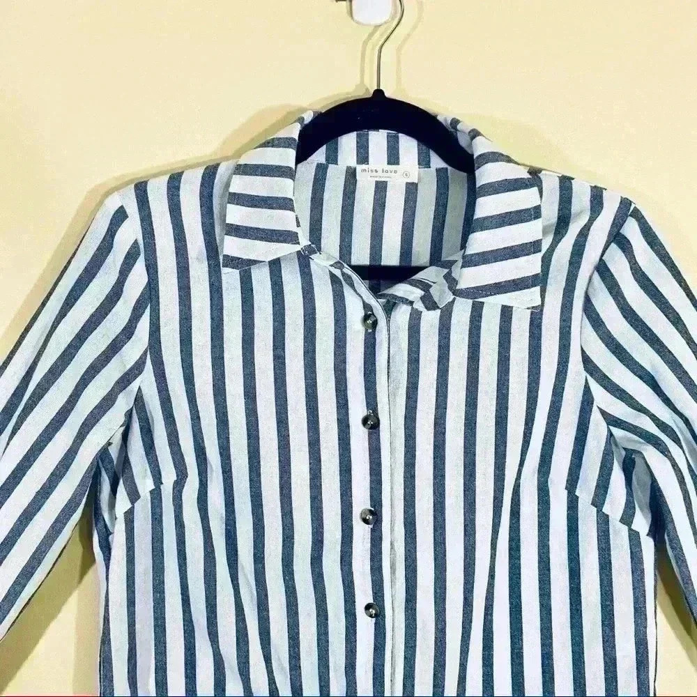 Miss Love Blue/White Stripe Collared Long Sleeve Button Down Tie Crop Top (S) - Picture 3 of 12